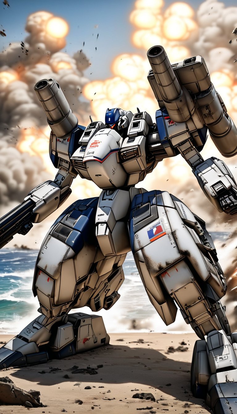 In a breathtaking 8K masterpiece, the camera captures an afternoon naval battle amidst a backdrop of ocean and water. A powerful mech, adorned with a power doll, dominates the frame in a close-up shot with dynamic angles. Practical lighting provides the best light, with a sharp focus on the robot's shoulder weapon - an assault rifle with flames and smoke rising from the nozzle as it fires. The camera shudders with motion blur as the rifle shakes due to recoil. In the chaos, sparks fly as a missile pod on the mech's back unleashes twin launchers, accompanied by explosions, dirt, sea spray, and wing boosters. A rail gun and grenade launcher sit prominently on the robot's shoulder, ready for action. The scene is set in a realistic sci-fi world where mechs engage in an epic battle with no human presence.,ink paint, railgun, Assault rifle, mecha,PD-802X4