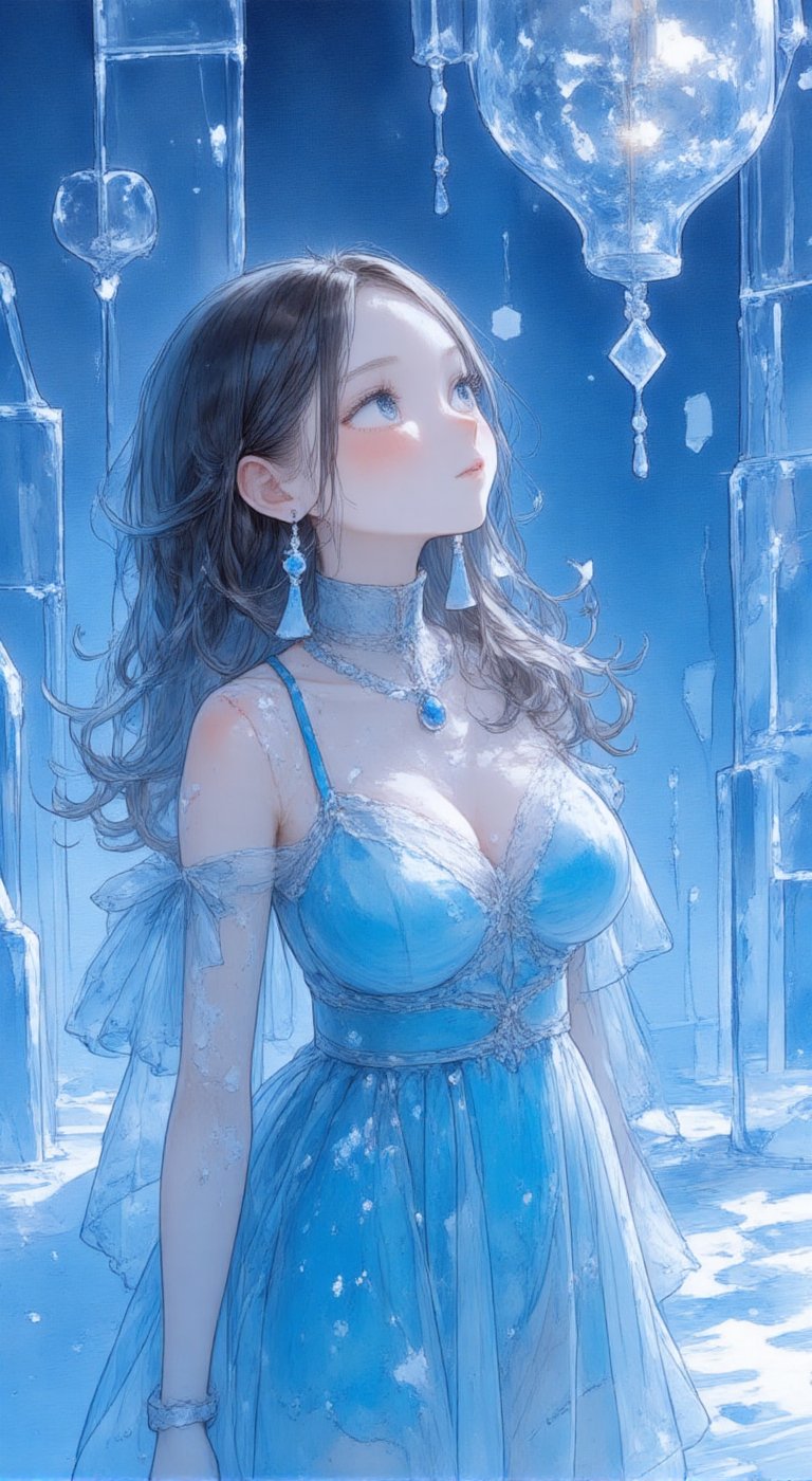 A girl wearing a transparent blue dress stands inside a palace made of ice. Her long dark brown hair flows down her back a...