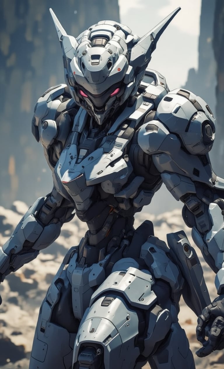 robot, mecha, solo, gaze, crouching, kneeling, one arm on thigh, cowboy shot, large pauldrons on both shoulders, twin eyes, dull pink eyes, bluish grey body colour, dull glowing eyes, frame, depth of field, details, simple background, blurry background, no humans, clear image, beautiful image, sci-fi, fantasy, other world,fantasy robot