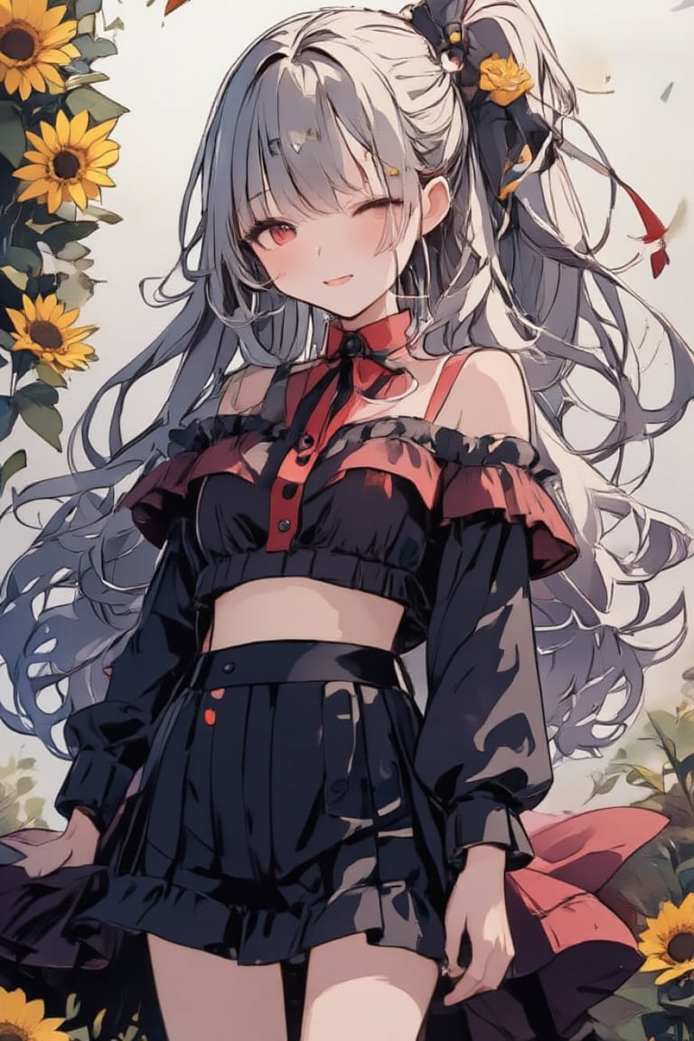 1 Girl, ((Background Blur: 1.4)), Depth of Field, Blurred, Solo, Long Hair, Chest, Looking at Viewer, Blushing, Laughing, Mouth Open, Bangs, Skirt, Shirt, Red Eyes, Long Sleeves, Ribbon, Belly Button, Exposed Shoulders, Medium Breast, Standing, Skirt Hems Lifted, Ponytail, Flower, Grey Hair, Hair Ribbon, Thighs, Outdoors, Ruffles, Detachable Sleeves, Sleeveless, Daytime, Abdomen, Miniskirt, Black Skirt, Belly, Crop Top, Black Shirt, Sleeveless Shirt, Black Ribbon, Ruffled Skirt, Red Ruffles, Sunflower, Ruffled Shirt, Layered Skirt,acryli painting,watercolor painting