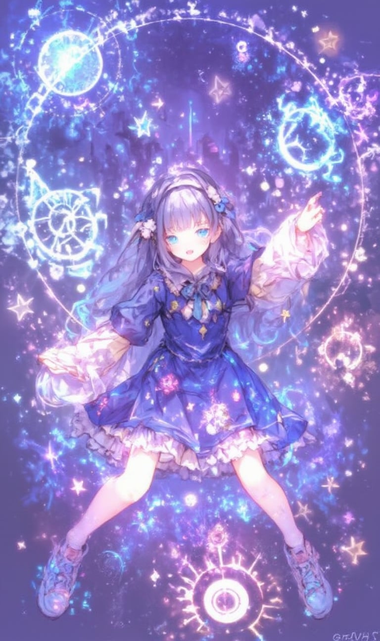 A girl with an open mouth and a smile has long blue hair and is wearing a magical glowing dress. She plays with colorful,...