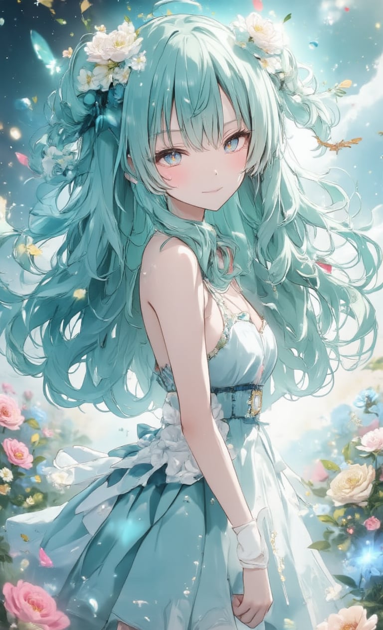 A girl with a mysterious smile has long curly teal green hair and wears a fluffy pastel colored dress. Magical light effects float around her, and a dreamy flower field spreads out in the background. The camera angle uses subtle light flares and blurring effects to capture her figure gently. The frame is decorated with sparkling stars and ribbons, further enhancing the magical atmosphere. ,acryli painting,Anime style,VNS_Add more details,Made in abyss manga