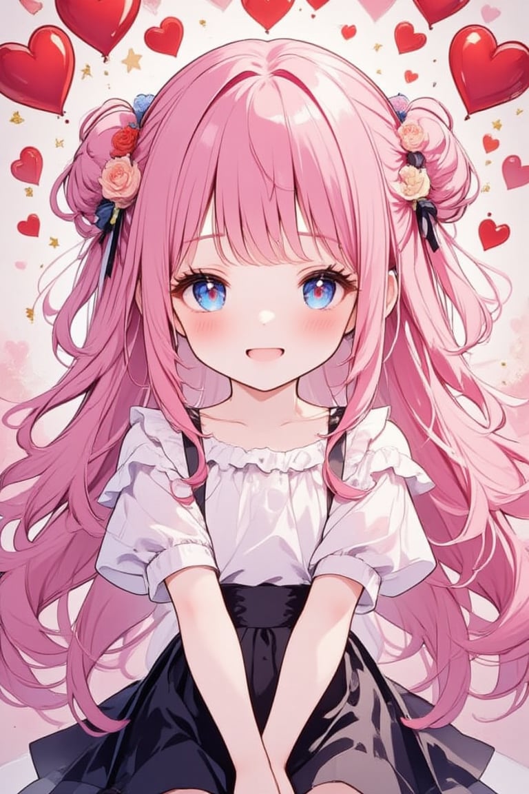 A whimsical chibi masterpiece featuring a bright-eyed, blushing girl with vibrant pink locks and long flowing hair adorned with a delicate hair accessory. She gazes directly at the viewer with a radiant smile, her mouth slightly agape as she blushes. Her bangs frame her heart-shaped face, while her frilly white shirt and black skirt provide a striking contrast. In the background, a mesmerizing swirl of red hearts and twinkling stars adds to the enchantment. The overall composition is a delightful blend of colors, textures, and playfulness.,acryli painting,cocoart