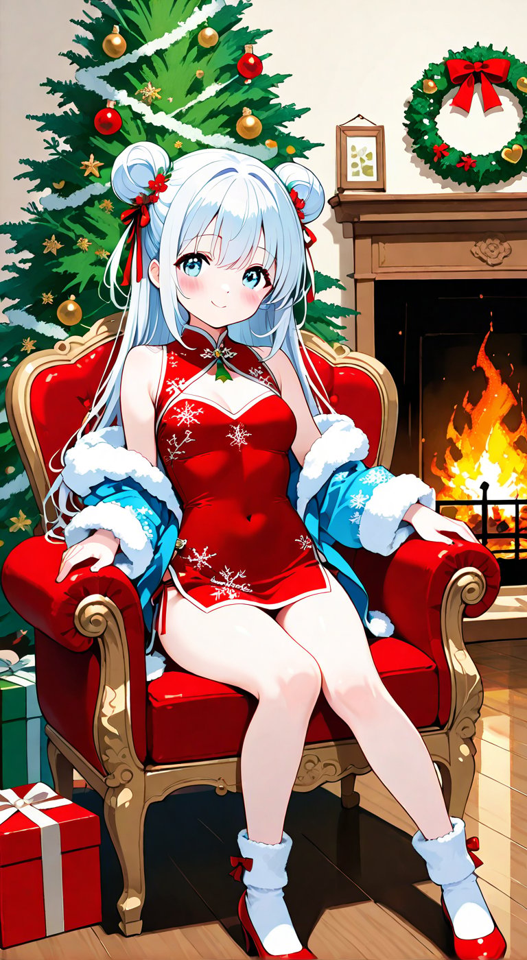 Hand-drawn style,  female character wearing a red Chinese dress inspired by Santa Claus. The slit is embroidered with a sn...
