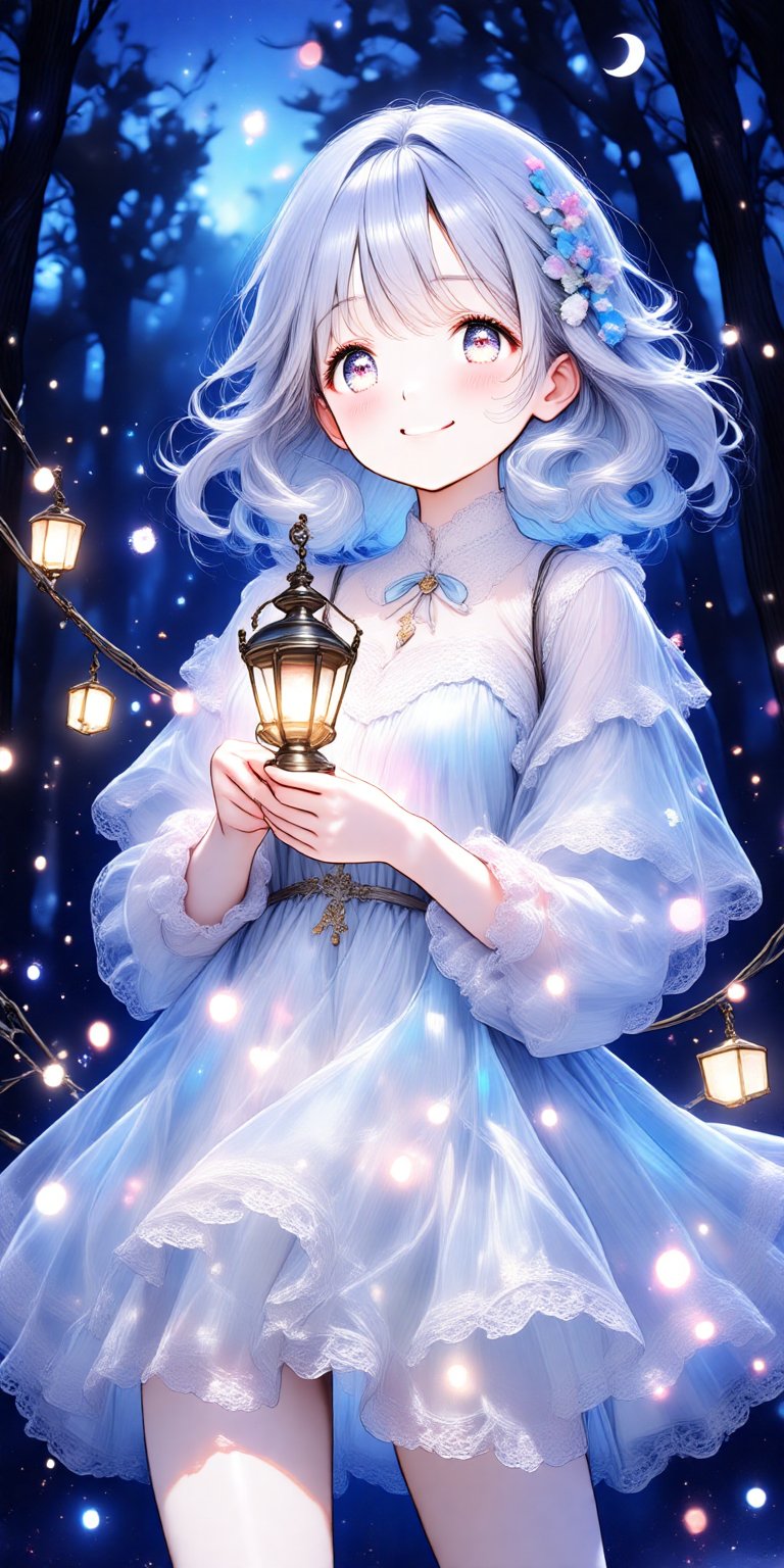 A girl in a light blue dress smiles while holding a small lantern in the light of a crescent moon. Her hair is lightly wav...