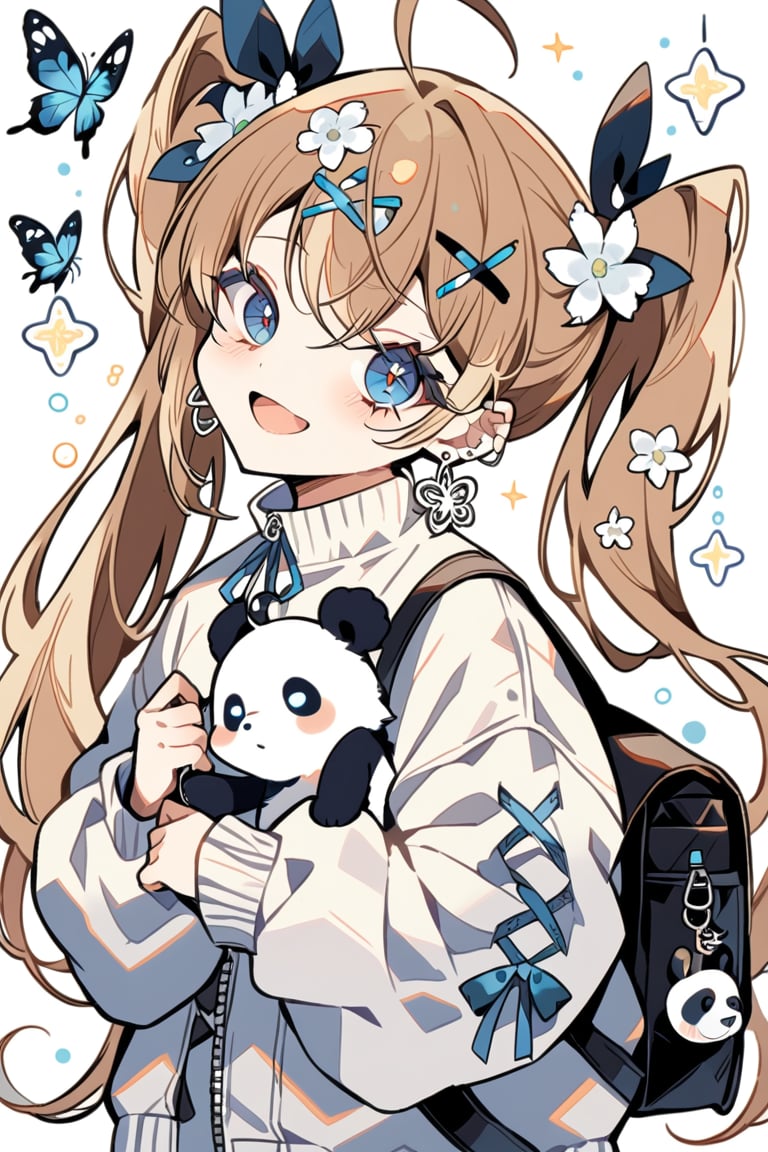 masterpiece, best quality, beautiful feel, 1 girl, solo, long hair, looking at viewer, blushing, smiling, open mouth, bangs, light brown hair, pigtails, hair accessory, ribbon, blue eyes, long sleeves, white background, holding, jewelry, very long hair, jacket, upper body, flower, ahoge, :d, earrings, hair clip, hair flower, bag, sleeves to wrist, stuffed animal, white jacket, backpack, stuffed animal, bug, x hair accessory, white flower, butterfly, puffy long sleeves, panda,flat style