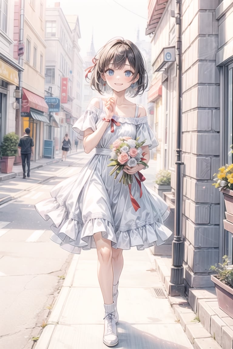 As the morning sun shines through, a girl with short hair, her hair decorated with a red ribbon, is walking down the street in a white dress. Her steps were light and her gentle smile spread all around her, bringing smiles to those who passed by her. She carries a small bouquet of flowers in her hand and gives them to people passing by, adding color to the city.