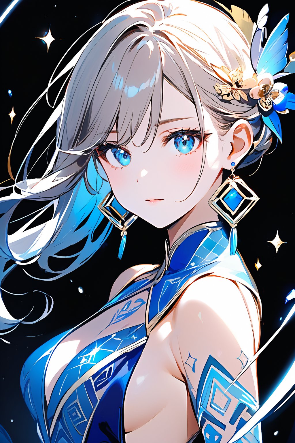 A regal portrait: A stunning beauty stands confidently in front of a dark, glossy surface, gazing directly into the lens with an unwavering stare. Her flawless face exudes charm and poise, her eyes sparkling between deep brown and vibrant blue hues. The backless ensemble showcases toned muscles, while delicate earrings add whimsy. Geometric patterns on her elaborate tattoo seem to shift and shimmer in harmony with the scattered sparkles on the black background, imbuing the entire scene with an air of enchantment. ✨