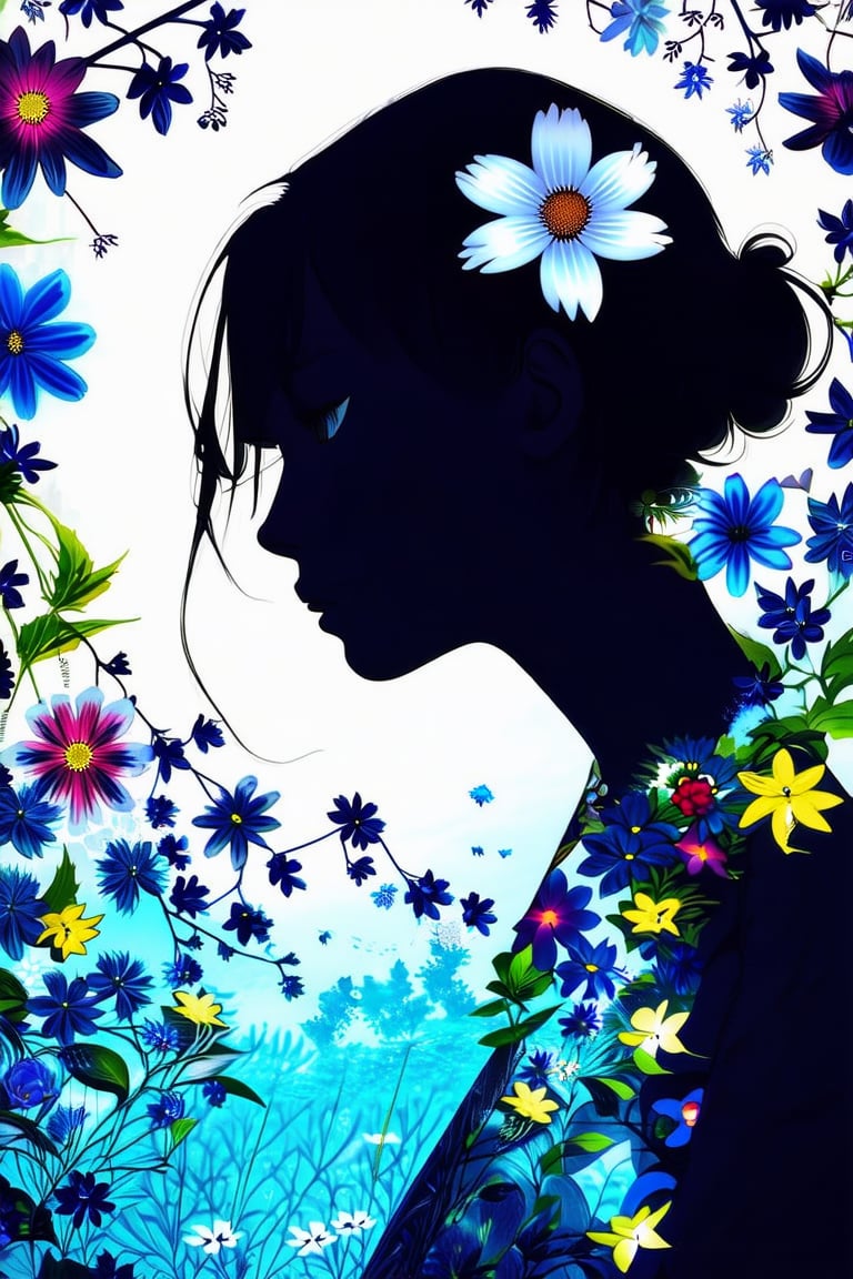 anime style,  masterpiece,  silhouette of a woman in profile. Inside the silhouette you can see the double exposure with a...
