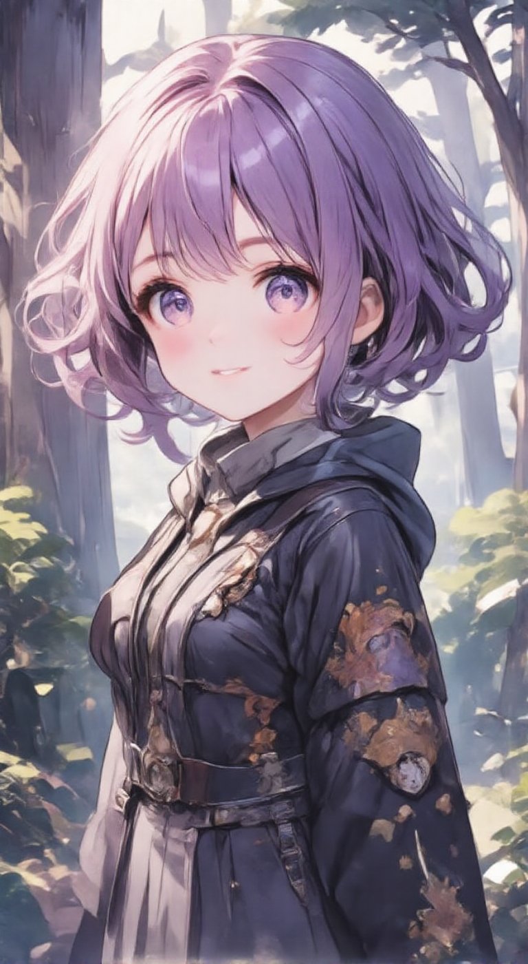 Her hair is a random purple color, and a girl with a short bob is drawn in a deformed style. She is wearing an adventurer's costume and smiling cheerfully. There are effects and lens effects in the background, and a double exposure of a forest scene behind her. The trees and small animals are cutely drawn.
,anime,cute,beautiful_female_fingers,dal,VNS_Add more details,Chibi-chan