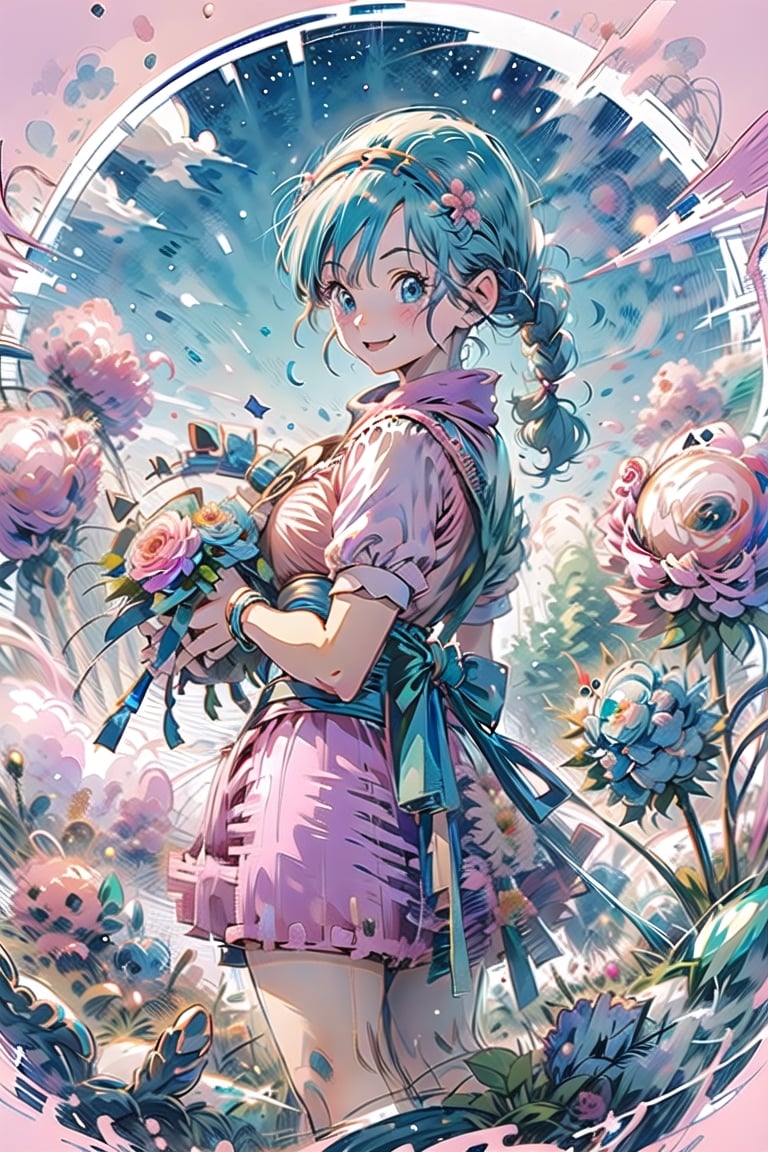 Bulma \(Dragon Ball\), light blue hair, blue eyes, smile, ((cowboy shot:1.5)), ((holding a bouquet: 1.5)),(((background Blur: 1.2))), flower, 
dragon ball, blmpony, aqua hair, hair ribbon, braided ponytail, pink shirt, belt, scarf,((( pink skirt:1.5))), clothes writing, brown gloves, medium breasts,flower, outdoors, sky, white background,
,cartoon,bulma \(dragonball\),dragon ball, blmlong,CrclWc