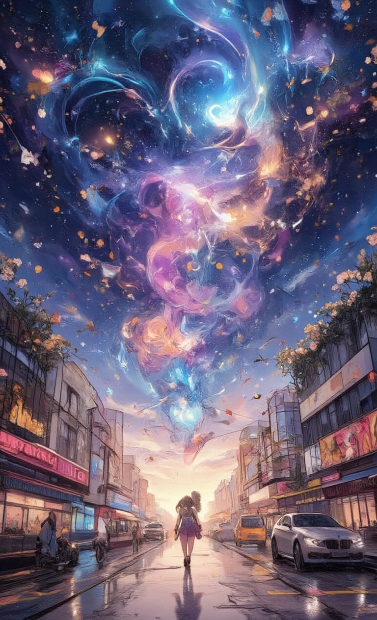 A whimsical, dreamlike scene unfolds: a cityscape at dusk, with twinkling streetlights casting a warm glow on the wet pavement. The air is filled with the sweet scent of blooming flowers and the distant hum of nightlife. As you stroll along, lost in thought, the sky suddenly transforms into a canvas of shimmering lights, swirling patterns, and wispy tendrils of iridescent color. A magical aura surrounds this mystical phenomenon, beckoning you to gaze up at the celestial display. Your eyes widen as the ethereal beauty washes over you, signaling the start of an enchanting journey as a magical girl.,acryli painting,Anime style,colored pencil drawing