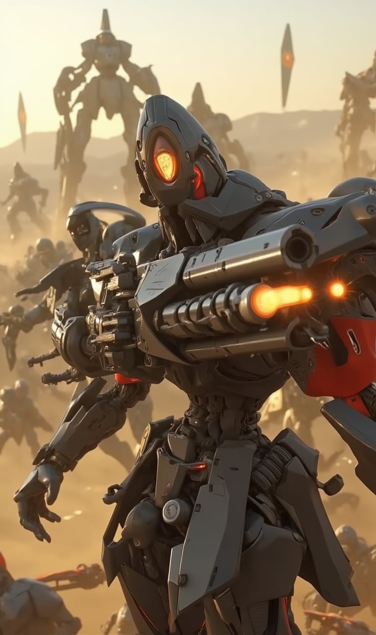 In this photorealistic masterpiece, ridiculously detailed robot mechs triumph over a war-torn afternoon landscape. A close-up shot frames an assault rifle mounted on the shoulder of a mech held firmly in both hands. When a gunshot goes off, flame and smoke rise from the nozzle, and the recoil causes the weapon to shake. The nozzle flashes each time a bullet is fired. Practical lighting provides clear focus with blurred backgrounds, even in backgrounds of motion blur, dust, and sparks. No humans are visible in the 3D rendering, only the mechanized robots waging war in this sci-fi battle scene, captured in ultra-realistic photography reminiscent of raw, high-quality 8K imagery. ,fantasy robot,VNS_Add more details