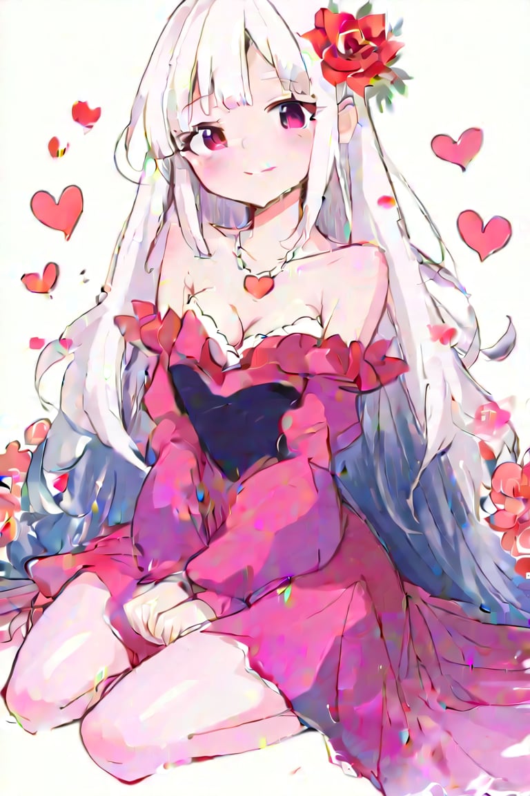 1 girl, solo, long hair, breasts, looking at viewer, blushing, bangs, skirt, hair accessory, long sleeves, white background, dress, cleavage, bare shoulders, jewelry, medium breasts, sitting, very long hair, smiling, mouth closed, collarbone, flowers, white hair, hearts, multicolored hair, earrings, ruffles, sleeves off, socks, puffy sleeves, hands up, flower in hair, pink eyes, collar, thigh straps, chain, pink flower, between legs, puffy long sleeves, white sleeves, hands between legs, ((masterpiece: 2.0)), ((stunning image: 1.5)),kawaii