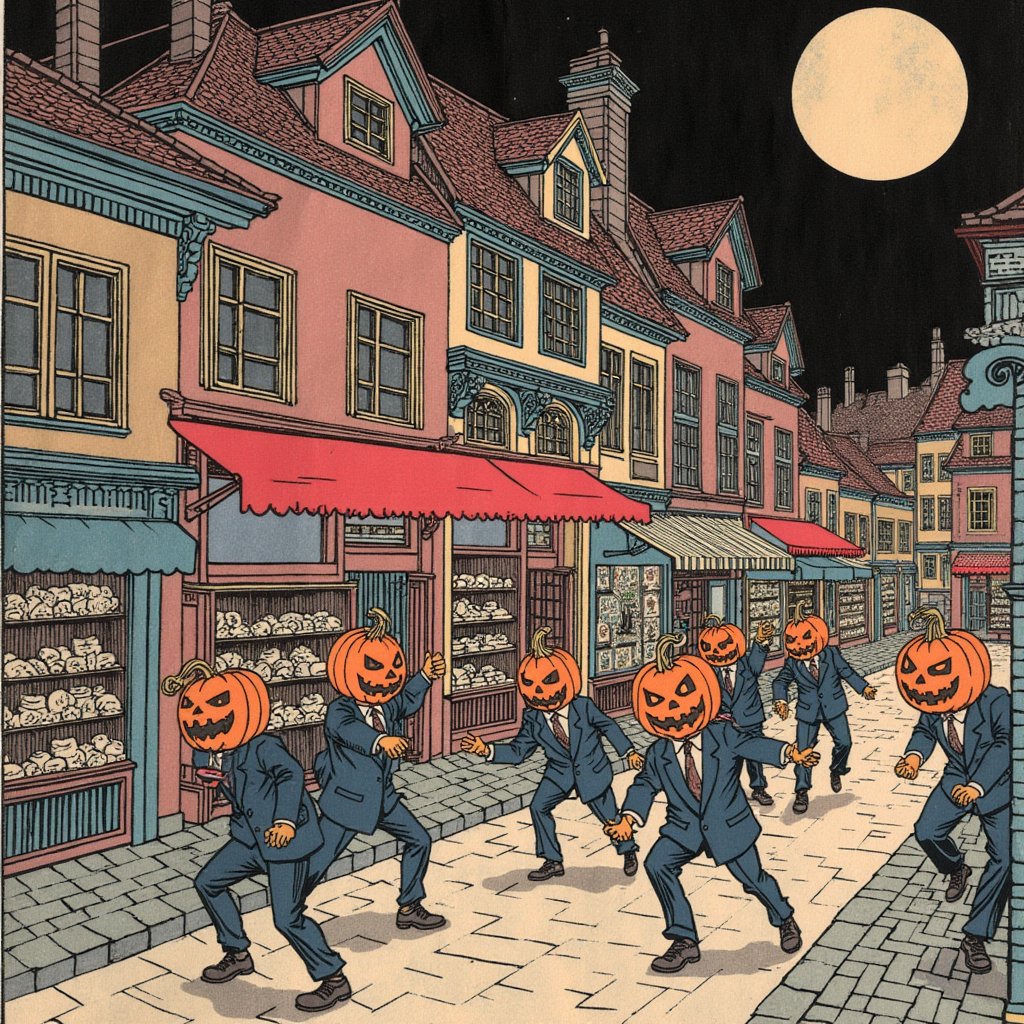 ((masterpiece)), ((best quality)), ((many men with jack-o'-lantern heads:1.2) attack the (canday shop:1.2)), ((European town:1.2)), flat, rendered in ultra-high definition with UHD and retina quality, ukiyoe,ink,colorful