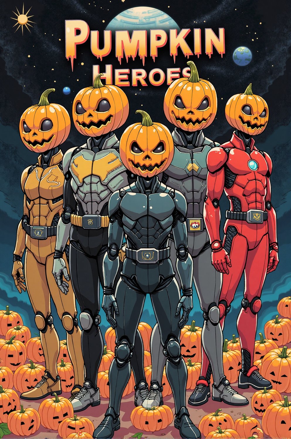 ((masterpiece)), ((best quality)), (5men with jack-o'-lantern heads:1.2), unique posing, ((each wears futuristic clothing)), flat, (background is universe:1.2), ((designed like a movie poster)), full body, (text "PUMPKIN HEROES" in top), rendered in ultra-high definition with UHD and retina quality, ukiyoe,ink,colorful,futurediff, cyborg