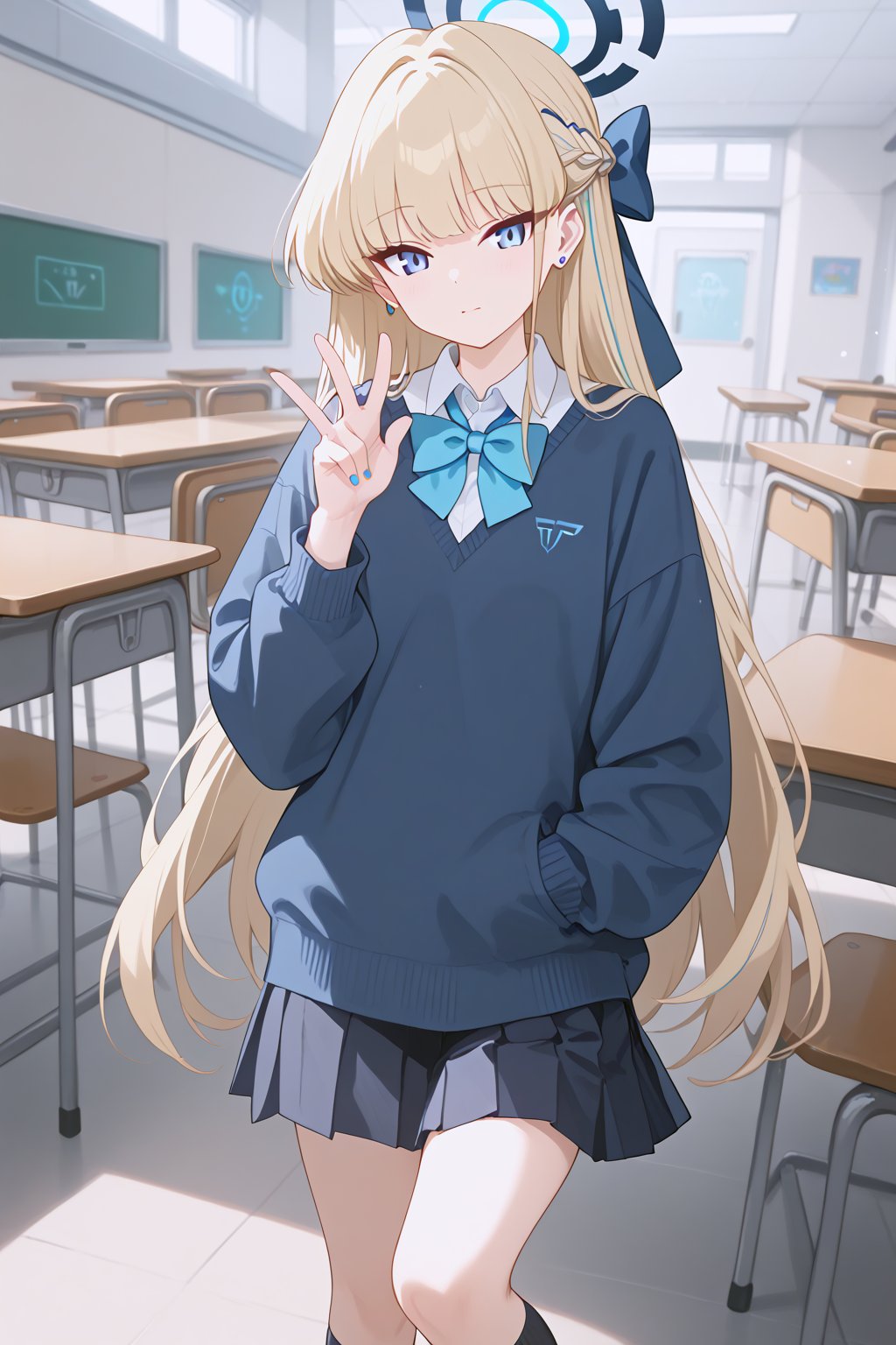 score_9, score_8_up, score_7_up, score_6_up, score_5_up, score_4_up, source_anime, 
ultra-detailed eyes, 

toki-schooluniform, toki \(blue archive\), blue eyes, blonde hair, long hair, halo, school uniform, bowtie, blue sweater, black skirt, pleated skirt, black socks

,beautiful_female_fingers,BA_game_style