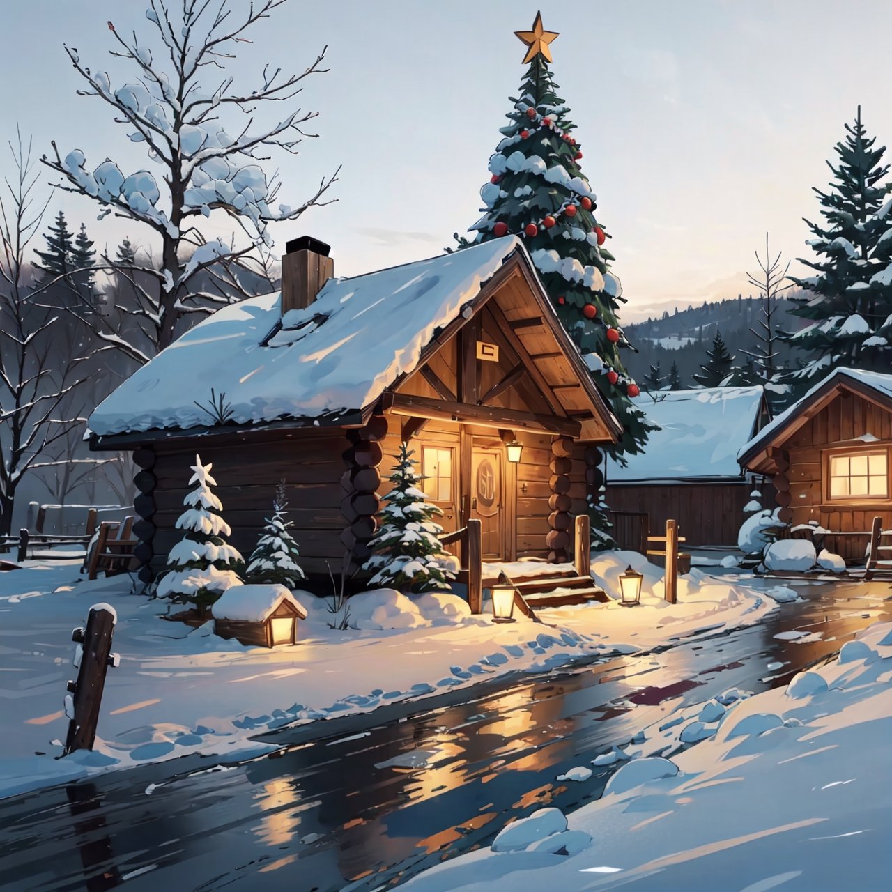 wooden cabin, snow, giant Christmas tree