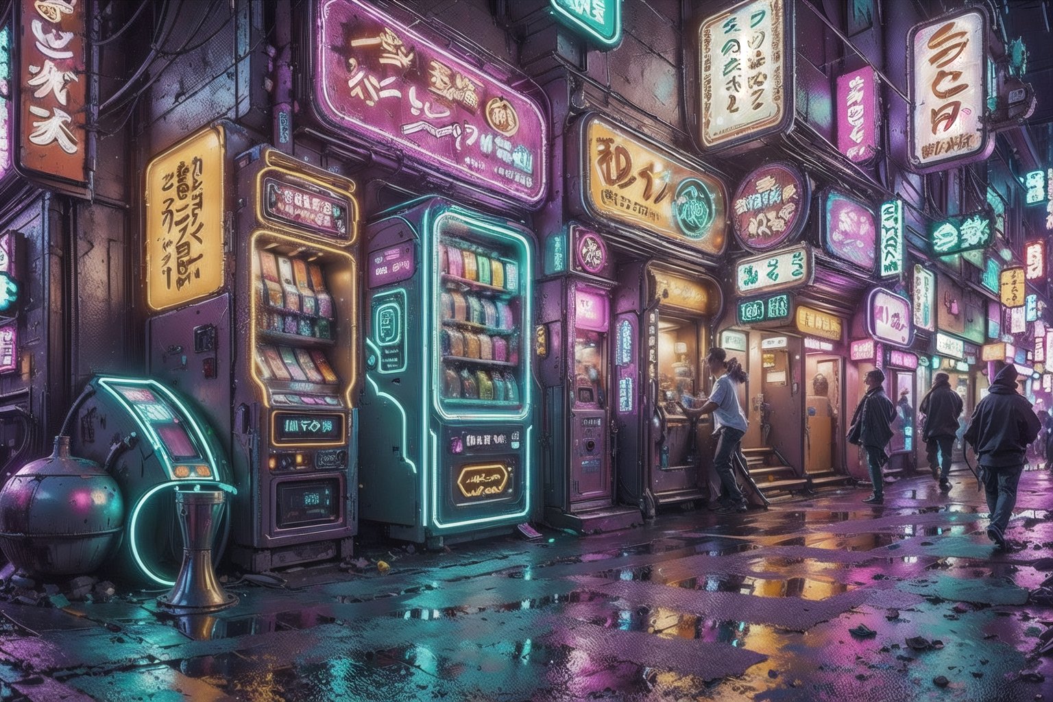 Bright neon vending machines are located in an alleyway of a Cyberpunk City. normal proportions,Neon Light