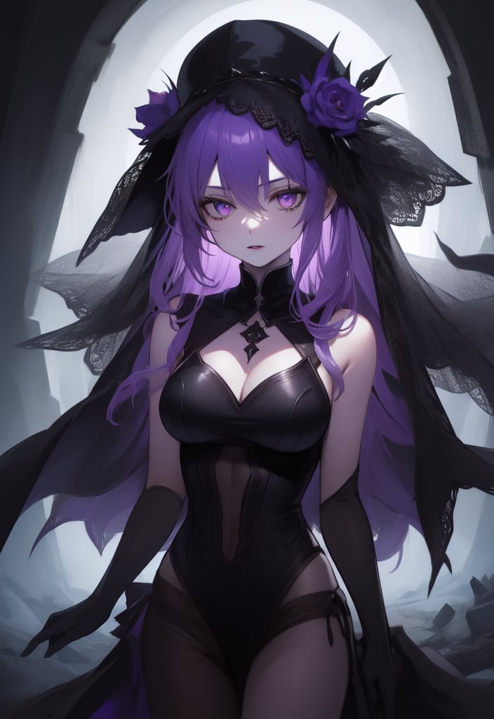 1girl, necromancer, dark robes, gloves, fishnets, dark veil, purple hair, purple eyes, black lipstick, in a graveyard, black flowers, gothic, horror, dynamic view