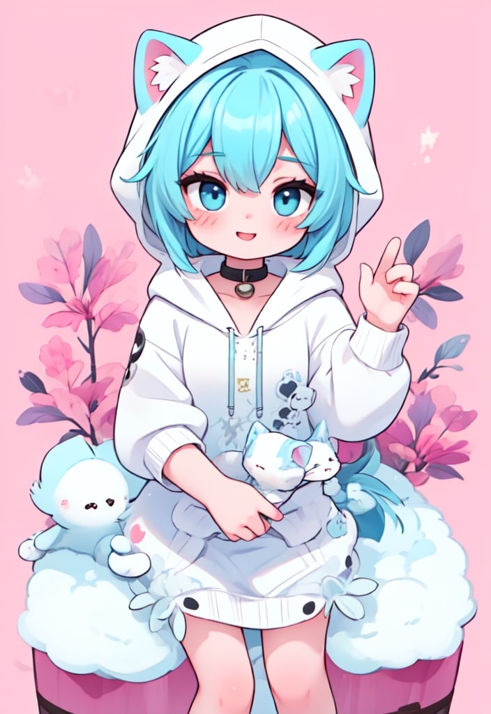 (masterpiece, best quality, highres:1.3), ultra resolution image, (1girl), (solo), kawaii, accessories, gleaming blue hair, (white kitty hoodie:1.5), cat themed, ears on hood, unique, (cute background:1.5), pastel shades, fluffy clouds, (relaxed atmosphere:1.3), soft, minimalistic style, (focus on character:1.4), adorable, dreamy, cat tower, magical, colorful, smile, happy