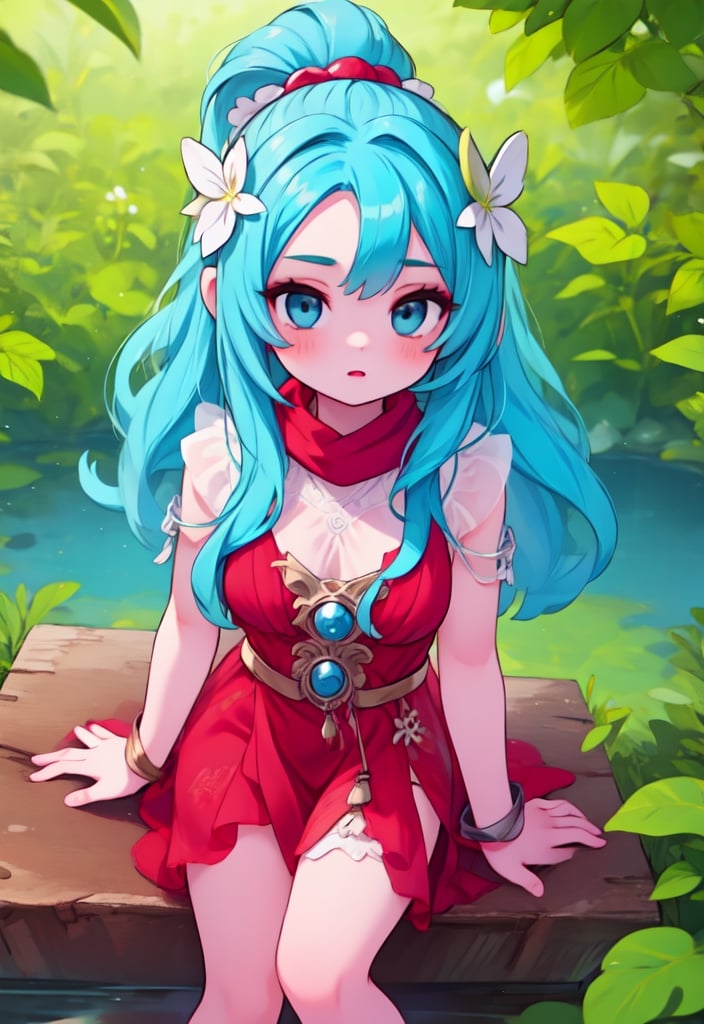 masterpiece, RAW,, ultra realistic, outdoors, ((blue hair)), (hair ornament), reah, long blue hair, looking at viewer, perfect face, see through top, stairs, facing viewer, photorealistic, blue glows, Science Fiction, sexy, 4K, 8k HD, Circle, high quality, OceanGoddess,1 girl, portrait,Modena butterfly, red scarf, red cloak, red dress, bracelet