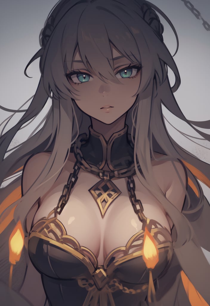 1 girl closeup on face, beautiful and aesthetic, splendid, masterpiece, best quality, fantastic atmosphere, Calming, calm palette, soft shading, priestess with many chains around the body