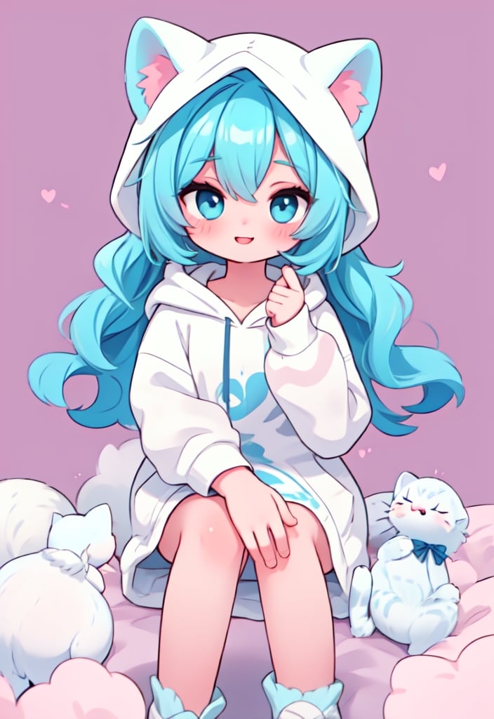 (masterpiece, best quality, highres:1.3), ultra resolution image, (1girl), (solo), kawaii, accessories, gleaming blue hair, (white kitty hoodie:1.5), cat themed, ears on hood, unique, (cute background:1.5), pastel shades, fluffy clouds, (relaxed atmosphere:1.3), soft, minimalistic style, (focus on character:1.4), adorable, dreamy, cat tower, magical, colorful, smile, happy