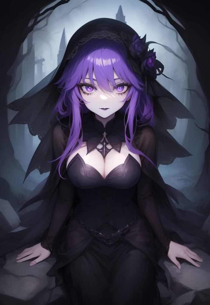 1girl, necromancer, dark robes, gloves, fishnets, dark veil, purple hair, purple eyes, black lipstick, in a graveyard, black flowers, gothic, horror, dynamic view