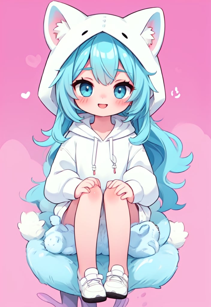 (masterpiece, best quality, highres:1.3), ultra resolution image, (1girl), (solo), kawaii, accessories, gleaming blue hair, (white kitty hoodie:1.5), cat themed, ears on hood, unique, (cute background:1.5), pastel shades, fluffy clouds, (relaxed atmosphere:1.3), soft, minimalistic style, (focus on character:1.4), adorable, dreamy, cat tower, magical, colorful, smile, happy