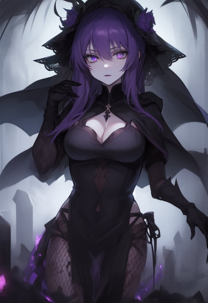 1girl, necromancer, dark robes, gloves, fishnets, dark veil, purple hair, purple eyes, black lipstick, in a graveyard, black flowers, gothic, horror, dynamic view