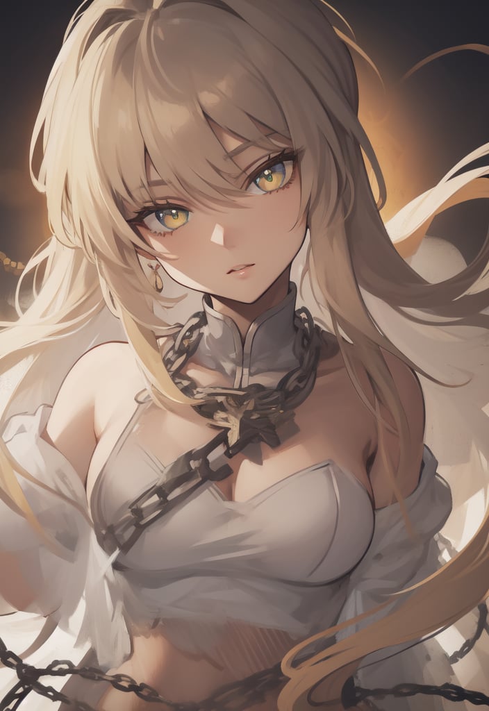 1 girl closeup on face, beautiful and aesthetic, splendid, masterpiece, best quality, fantastic atmosphere, Calming, calm palette, soft shading, priestess with many chains around the body