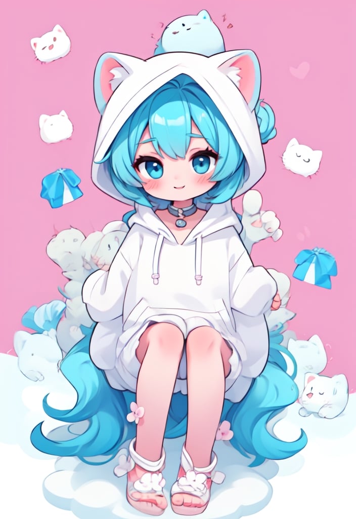 (masterpiece, best quality, highres:1.3), ultra resolution image, (1girl), (solo), kawaii, accessories, gleaming blue hair, (white kitty hoodie:1.5), cat themed, ears on hood, unique, (cute background:1.5), pastel shades, fluffy clouds, (relaxed atmosphere:1.3), soft, minimalistic style, (focus on character:1.4), adorable, dreamy, cat tower, magical, colorful, smile, happy