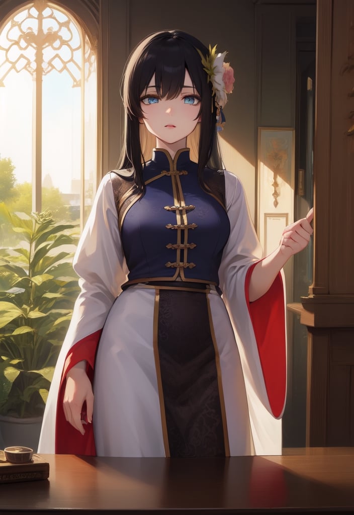 High Quality, Lossless, Clean, Raw, High Quality, Lossless, Clean, Raw, HD, girl, alone, clear lights, bangs in her hair, blue eyes, beautiful girl, perfect body, Color Booster,Realism, 1girl, solo, long hair, looking at viewer, skirt, black hair, hair ornament, long sleeves, standing, flower, indoors, wide sleeves, window, chinese clothes, table, plant