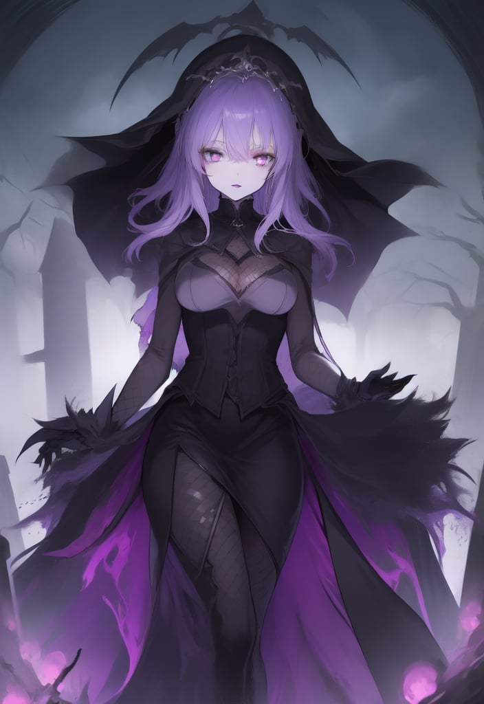 1girl, necromancer, dark robes, gloves, fishnets, dark veil, purple hair, purple eyes, black lipstick, in a graveyard, black flowers, gothic, horror, dynamic view