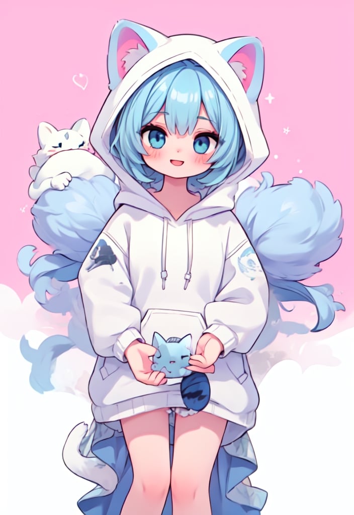 (masterpiece, best quality, highres:1.3), ultra resolution image, (1girl), (solo), kawaii, accessories, gleaming blue hair, (white kitty hoodie:1.5), cat themed, ears on hood, unique, (cute background:1.5), pastel shades, fluffy clouds, (relaxed atmosphere:1.3), soft, minimalistic style, (focus on character:1.4), adorable, dreamy, cat tower, magical, colorful, smile, happy