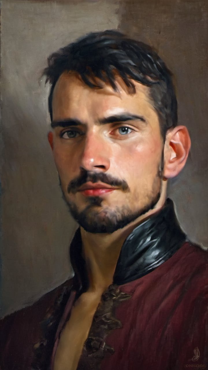 a young handsome evil sleazy hairy pirate, outdoors (dark age, ocean, ship setting), english pirate, sea captain, dark shabby red style coat, Captain hook, gypsy, spanish, conquistador, shirt open, revealing, chest hair, royalty, dirty, evil, victorean era, ethereal, manly, hairy, chest hair, youthful, stubble, 18 years old, envious, shiny, villain, pale skin, defined jawline, crooked nose, hot, captain, lustful, masculine, mythology, medieval, fantasy, young, alpha male, handsome male, high fantasy, art by wlop, facing in front ,portrait close-up, renaissance painting, masterpiece, max bogoss

8k, cinematic lighting, very dramatic, very artistic, soft aesthetic, innocent, art by john singer sargent, greg rutkowski, oil painting, Camera settings to capture such a vibrant and detailed image would likely include: Canon EOS 5D Mark IV, Lens: 85mm f/1.8, f/4.0, ISO 100, 1/500 sec,pir4t4,cinematic style