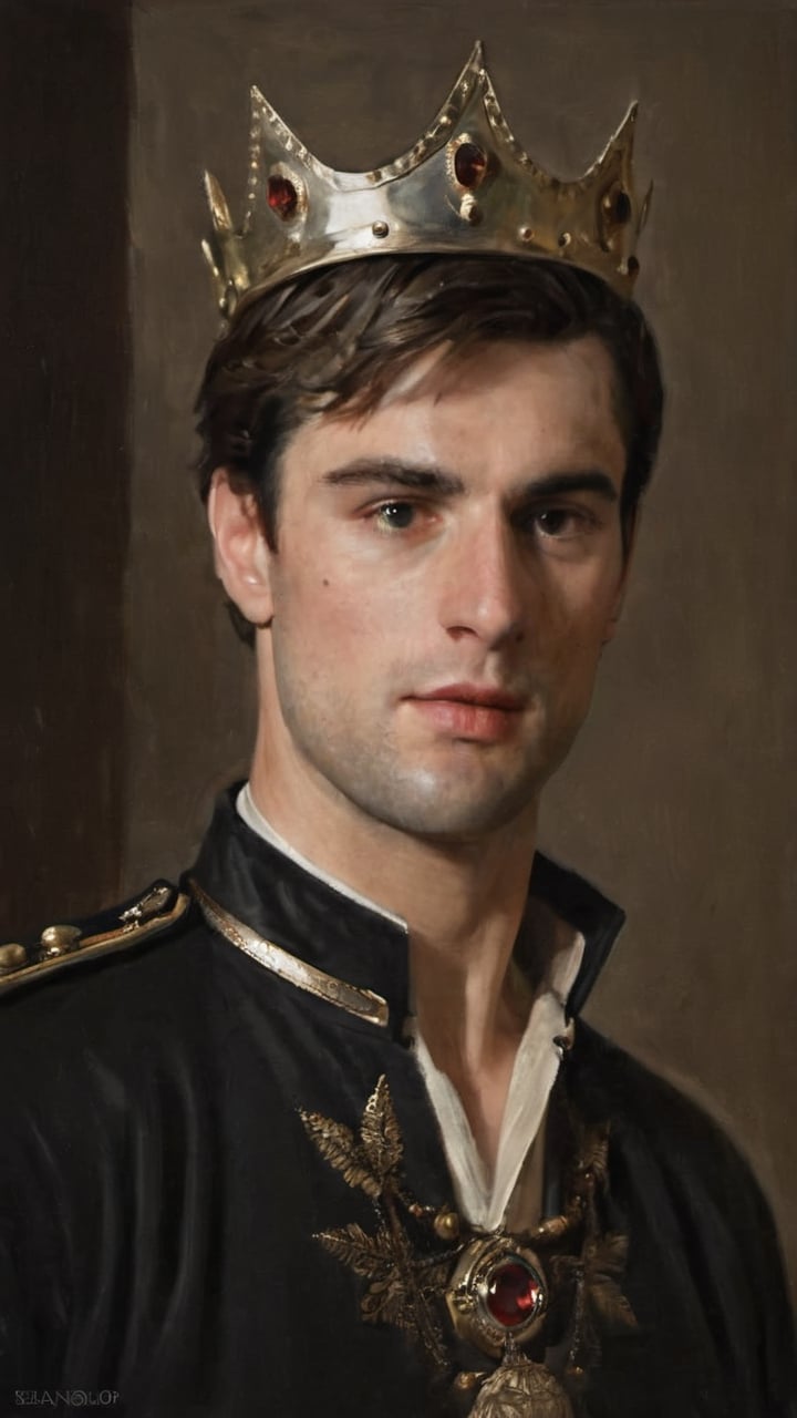 a young handsome prince wearing military royal outfit with armor, wearing a jeweled royal crown, ((sean o pry)), outdoors (dark age, war setting, kingdom village), medieval hero, regal style coat, (royal commander attire:0.4), royalty, victorean era, ethereal, manly, hairy, chest hair, youthful, stubble, 18 years old, envious, shiny, heroic, pale skin, defined jawline, crooked nose, hot, captain, lustful, masculine, mythology, medieval, fantasy, young, alpha male, handsome male, high fantasy, art by wlop, facing in front (portrait close-up), renaissance painting, masterpiece

8k, cinematic lighting, very dramatic, very artistic, soft aesthetic, innocent, art by john singer sargent, greg rutkowski, oil painting, Camera settings to capture such a vibrant and detailed image would likely include: Canon EOS 5D Mark IV, Lens: 85mm f/1.8, f/4.0, ISO 100, 1/500 sec