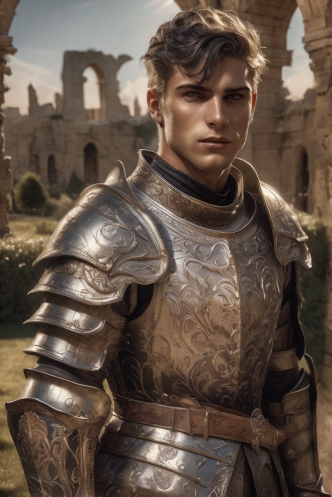 white knight: a handsome man in a High Gothic silver metal plate armor in a beautiful ornemental, ethereal, holy, shiny, youthful, pale skin, short black hair, thick eyebrows, soft, mythology, medieval, fantasy, young, alpha male, hot, masculine, manly, dark fantasy, 80s fantasy, high fantasy, white armor, defined jawline, crooked nose, hot, outdoors (in a grassland filled with roses and ruins), medieval armor, art by wlop, handsome male, facing in front (portrait close-up), renaissance painting, realistic, photorealistic, 8k, cinematic lighting, hades armor, very dramatic, European man, soft aesthetic, innocent