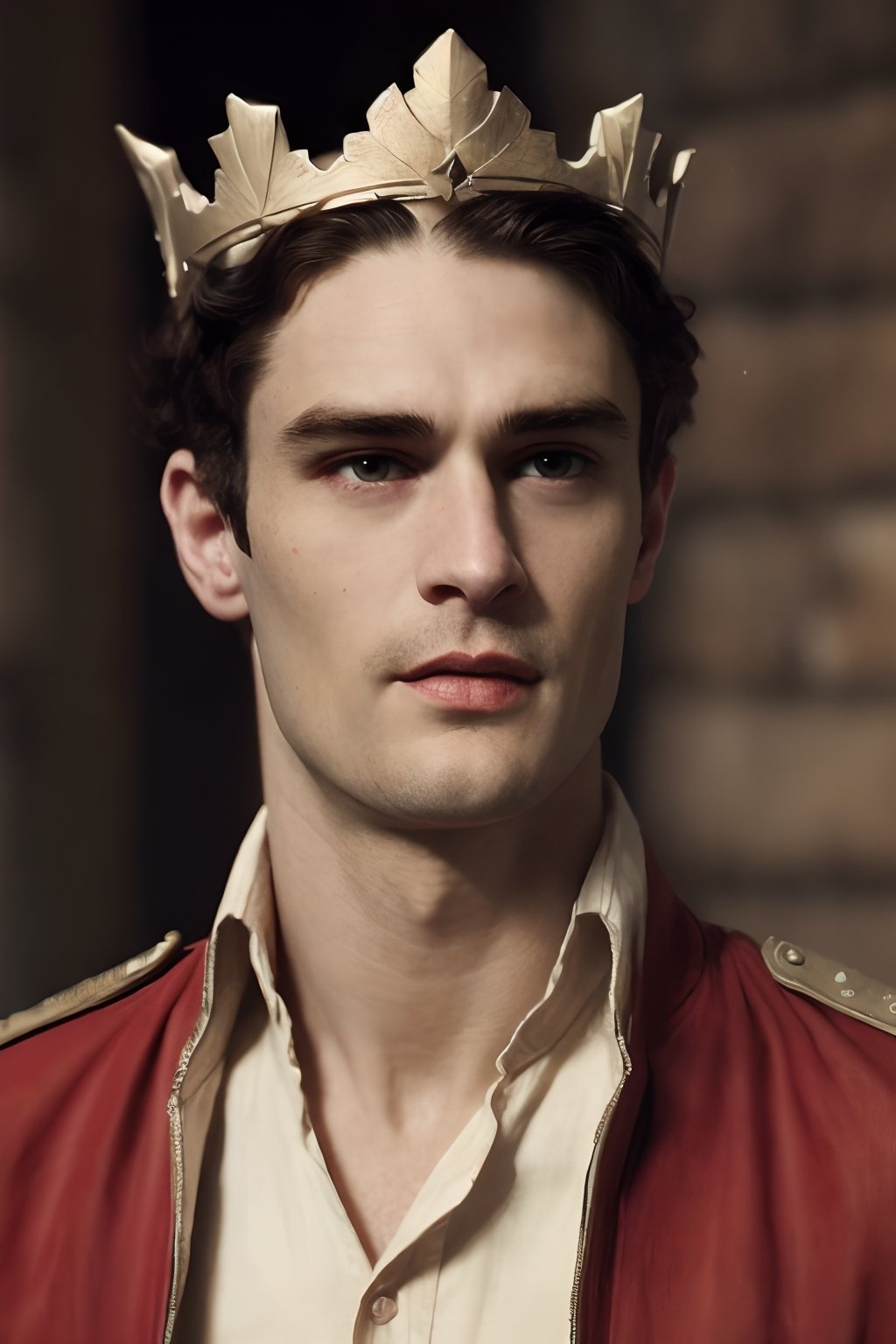 a young handsome prince wearing military royal outfit with armor, wearing a jeweled crown, ((young sean o pry)), outdoors (dark age, war setting, kingdom village), medieval hero, regal style coat, (royal commander attire:0.4), royalty, victorean era, ethereal, manly, hairy, chest hair, youthful, stubble, 18 years old, envious, shiny, heroic, pale skin, defined jawline, crooked nose, hot, captain, lustful, masculine, mythology, medieval, fantasy, young, alpha male, handsome male, high fantasy, art by wlop, facing in front (portrait close-up), renaissance painting, masterpiece, realistic, photorealistic, 8k, cinematic lighting, very dramatic, very artistic, soft aesthetic, innocent, art by john singer sargent, greg rutkowski,Masterpiece