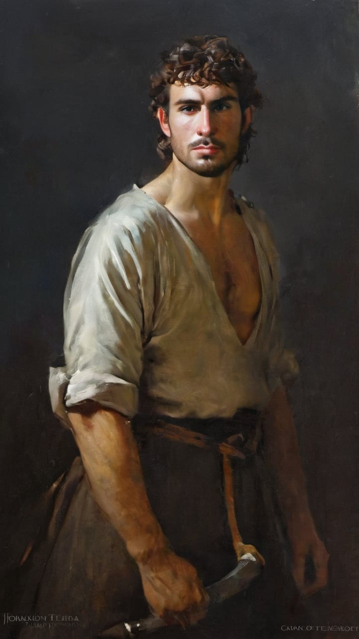 a burly young handsome hunter, blacksmith, farmer, dark age, (((marlon teixera))), peasant, short brown hair, outdoors (forest), ethereal, shiny, youthful, dirty, caucasian, battle axe, facial hair, face scars, thick eyebrows, soft, mythology, medieval, fantasy, young, alpha male, battle axe, hot, masculine, manly, dark fantasy, 80s fantasy, high fantasy, rag clothes, rust metal armor, defined jawline, crooked nose, hot, hairy, medieval armor, art by wlop, handsome male, facing in front, portrait close-up, renaissance painting, game of thrones, skyrim, elder scrolls, GQ, breton, Imperial

8k, cinematic lighting, very dramatic, very artistic, soft aesthetic, innocent, art by john singer sargent, greg rutkowski, oil painting, Camera settings to capture such a vibrant and detailed image would likely include: Canon EOS 5D Mark IV, Lens: 85mm f/1.8, f/4.0, ISO 100, 1/500 sec,hdsrmr