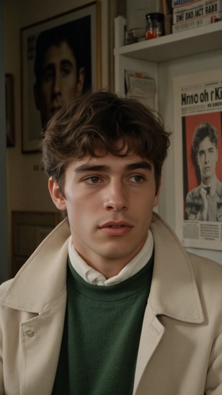 A cinematic film shot of a young man with a calm, introspective expression. He has a classic 1960s French New Wave vibe, evoking the style of vintage film stills. The lighting is soft and muted, casting gentle shadows on his face, and capturing subtle details. His hair is slightly disheveled, with a single lock falling over his forehead. He wears a minimalist, classic outfit, a green sweater over a cream coat with a white scarf around his neck, adding to the character’s quiet, intellectual aura. In the background, a retro wall features French newspapers and dramatic artwork, one depicting a sketchy face with bold strokes and red accents. The entire scene has a muted color palette, emphasizing earthy and neutral tones, with an authentic grainy texture that reflects the aesthetic of classic French films.