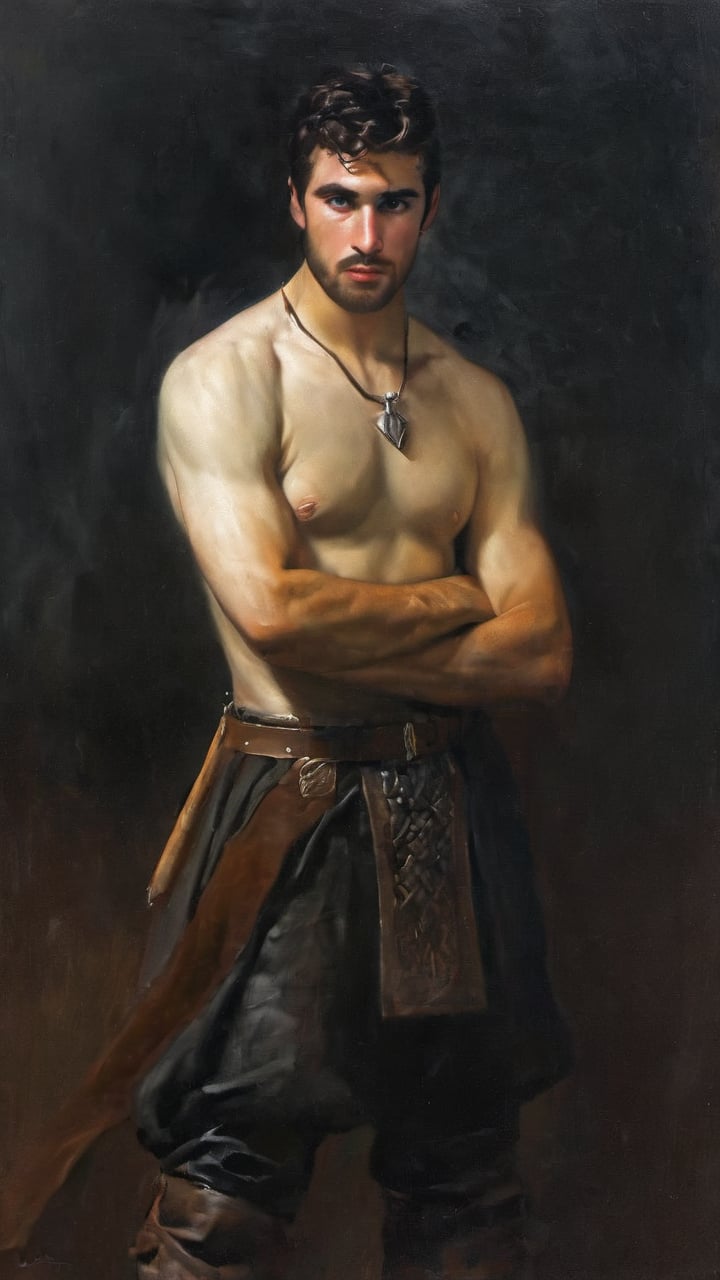 a burly young handsome hunter, blacksmith, farmer, huntsman, dark age, (((marlon teixera))), peasant, short brown hair, outdoors (forest), ethereal, shiny, youthful, dirty, caucasian, battle axe, facial hair, face scars, thick eyebrows, soft, mythology, medieval, fantasy, young, alpha male, battle axe, hot, masculine, manly, dark fantasy, 80s fantasy, high fantasy, rag clothes, leather armor, defined jawline, crooked nose, hot, hairy, medieval armor, art by wlop, handsome male, facing in front, portrait close-up, renaissance painting, game of thrones, skyrim, elder scrolls, GQ, breton, Imperial

8k, cinematic lighting, very dramatic, very artistic, soft aesthetic, innocent, art by john singer sargent, greg rutkowski, oil painting, Camera settings to capture such a vibrant and detailed image would likely include: Canon EOS 5D Mark IV, Lens: 85mm f/1.8, f/4.0, ISO 100, 1/500 sec,hdsrmr