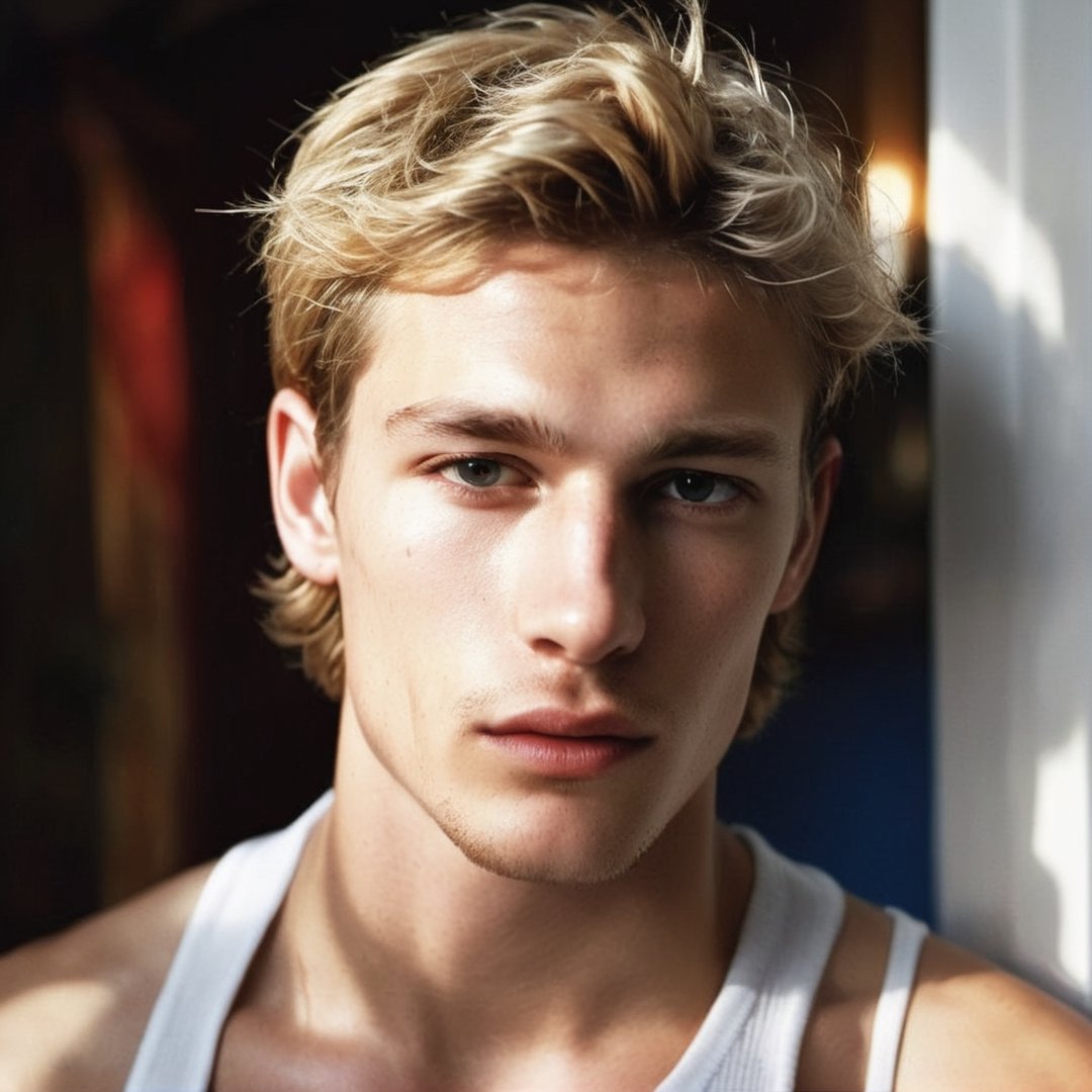 GQ, handsome italian teen man in a party, 2000s, thick eyebrows, defined jawline, crooked nose, mature, 19 years old, slender, punk, stubble, scruffy face, hot, strawberry blonde hair, youthful, boy band, Masterpiece, male model, photography, european, fashion editorial, menswear, Portrait, seductive pose, Mike Faist, Gabriel Aubry, Matheo Renoir, calvin klein, chuck greene, men's magazine, fashion campaign, photography by Hugo Comte, 

8k, cinematic lighting, very dramatic, very artistic, soft aesthetic, innocent, realistic, masterpiece, Camera settings to capture such a vibrant and detailed image would likely include Canon EOS 5D Mark IV, Lens 85mm f/1.8, f/4.0, ISO 100, 1/500 sec,hdsrmr, cinema verite, film still, ((perfect anatomy): 1.5), best resolution, maximum quality, UHD, life with detail, analog, cinematic moviemaker style