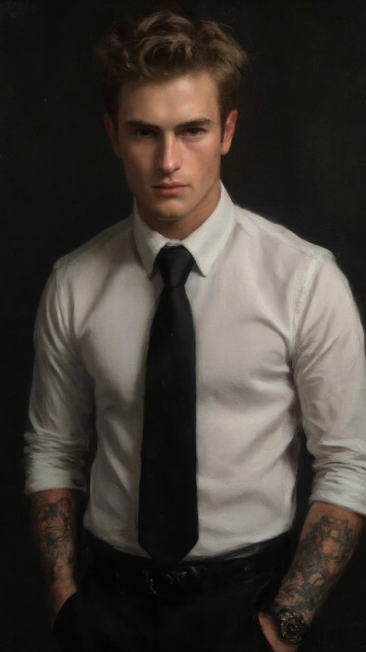 A painting depicting a dashing young cute business intern. This 20-years old guy has y2k flair, his striking blonde spikey punk hair framing his chiseled youthful features and thick eyebrows. A white fitted shirt and black tie adorn his toned physique, while colorful rockstar tattoos peek out from beneath the collar. He is a male model, which he have a charismatic aura. The dark background and shadows suggest simplicity and understated confidence, while the realism in the portrait highlights the artist's attention to detail, focusing on texture, shadow, and light. The soft brushwork and dark color palette give it a classic, yet contemporary feel. Oil painting art by John Singer Sargent, Greg Rutkowski, Edmund Blair Leighton, or Wlop would bring this stunning image to life.