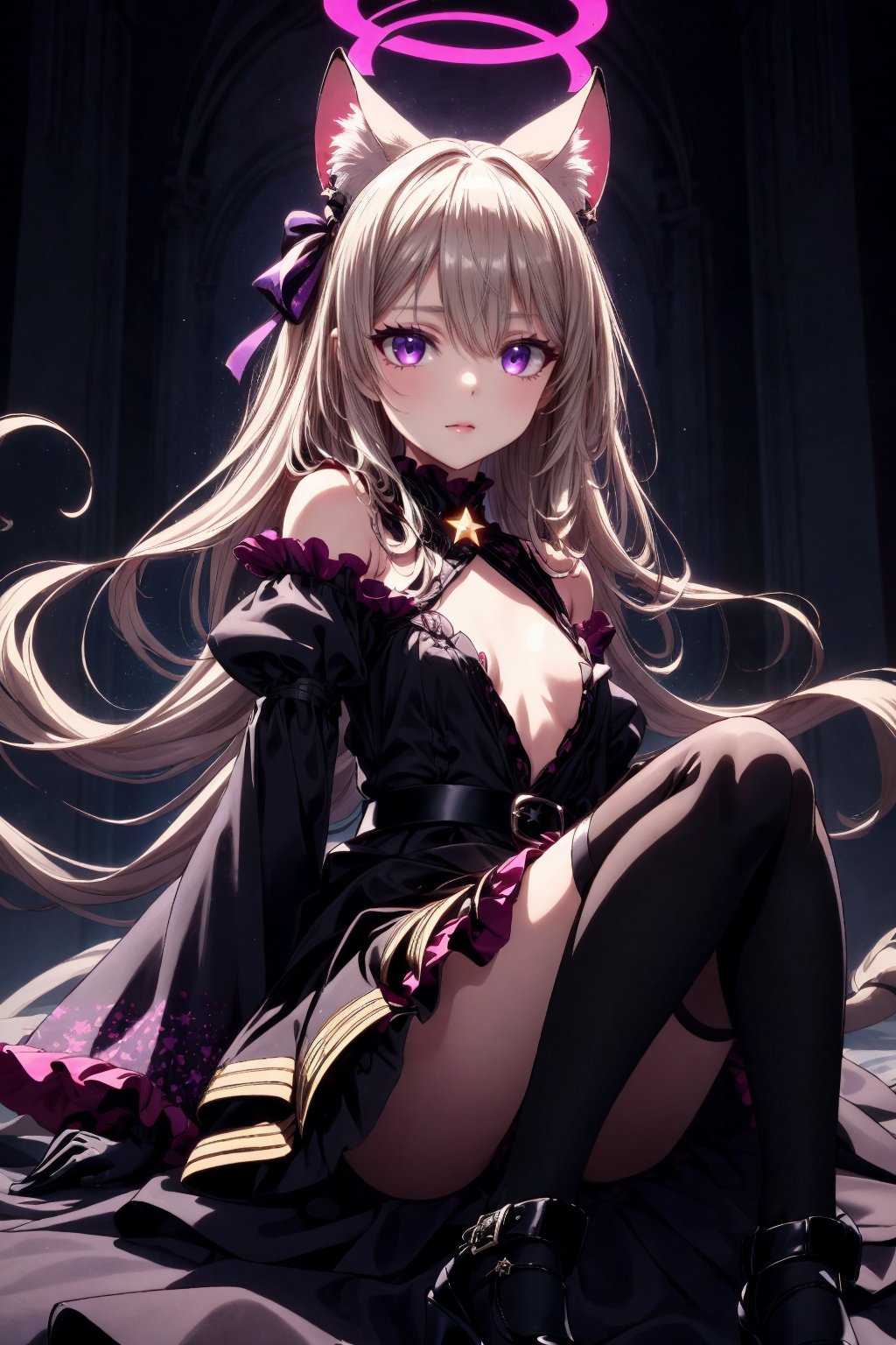 1 female, 180cm tall:1.3. (Character Design Sheet: Front view, from knees up). Long, dark blonde hair, slender figure, hip-length curled wavy hair, with a short tuft in the middle and two short braids on either side of her head. She has black serval ears with grey and purple on top of her head. Small face. (Heteroptera: one eye is grey, the other is violet), with ribbons on either side of her hair. Highly detailed face, beautifully detailed eyes, beautifully detailed lips. Adorable, highly detailed slender legs, (Best quality, 8k, 16k, high resolution), super detailed, exquisite and magnificent character art. Elegant one-piece long dress with black platform heels, frilled skirt and wide sleeves, gold gear design, dress has star and ribbon decoration. Black gloves. Grey belt at waist, large bright pink heart ribbon. Attached with a succubus tail with a glowing purple star at the end. (Hip is wide). Above her head is a glowing black halo with purple stars (her chest is medium size). Her thigh-high mechanical legs are black and glowing purple.