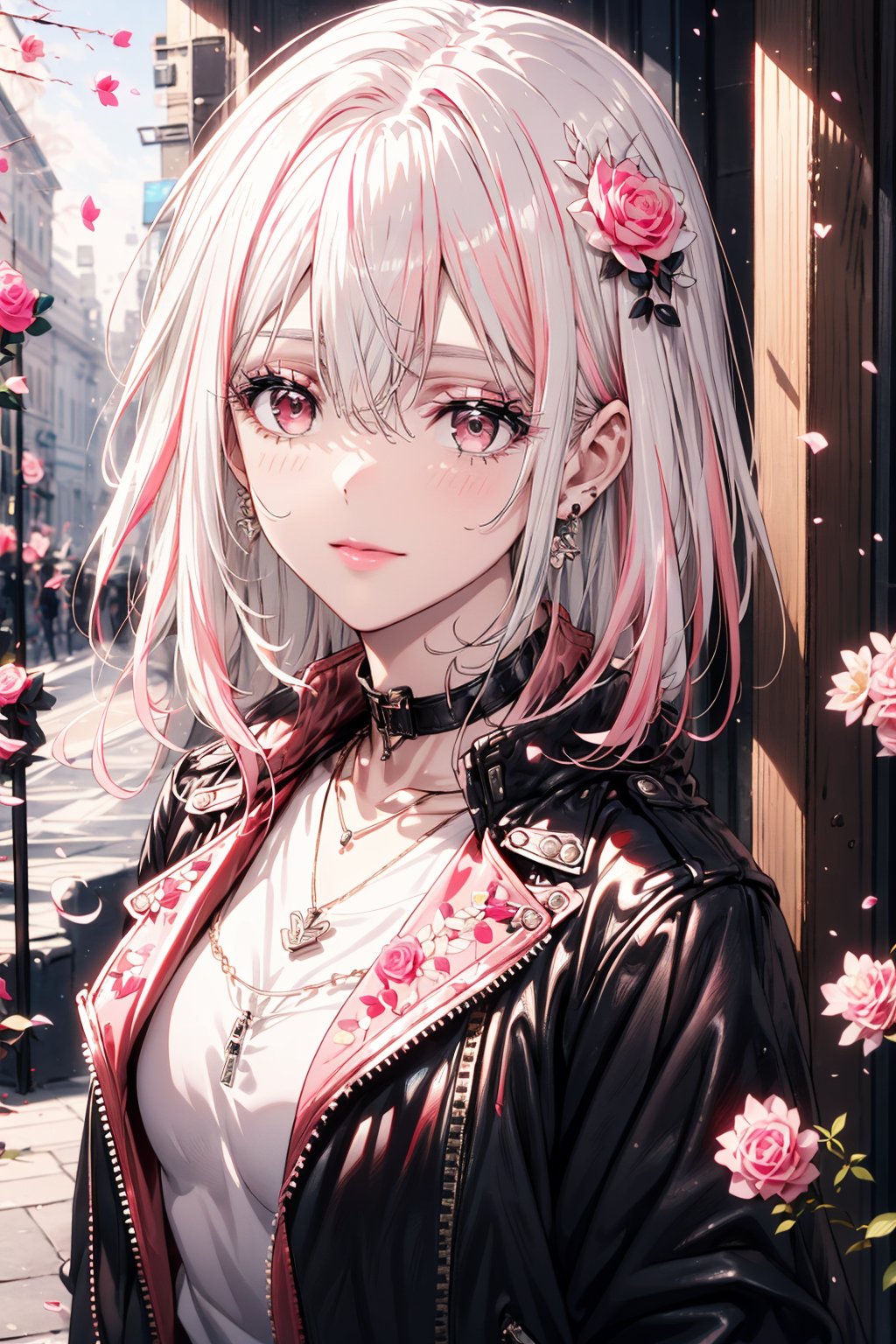 1girl, solo, long hair, looking at viewer, bangs, shirt, hair ornament, red eyes, jewelry, closed mouth, jacket, white shirt, upper body, pink hair, flower, white hair, multicolored hair, earrings, open clothes, choker, hair flower, medium hair, necklace, open jacket, black jacket, makeup, rose, red flower, zipper, red rose, red lips, leather, leather jacket