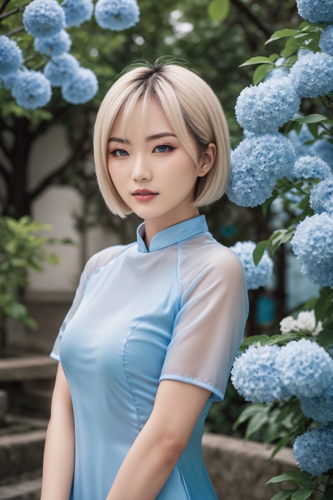 cinematic photo of Nasuki Yuuko young asian woman with short blonde hair, (blue eyes:1.4), wearing azure aodaixl,surrounding is a garden. 35mm photograph, film, bokeh, professional, 4k, highly detailed, glossy lip,aodai,aodaixl