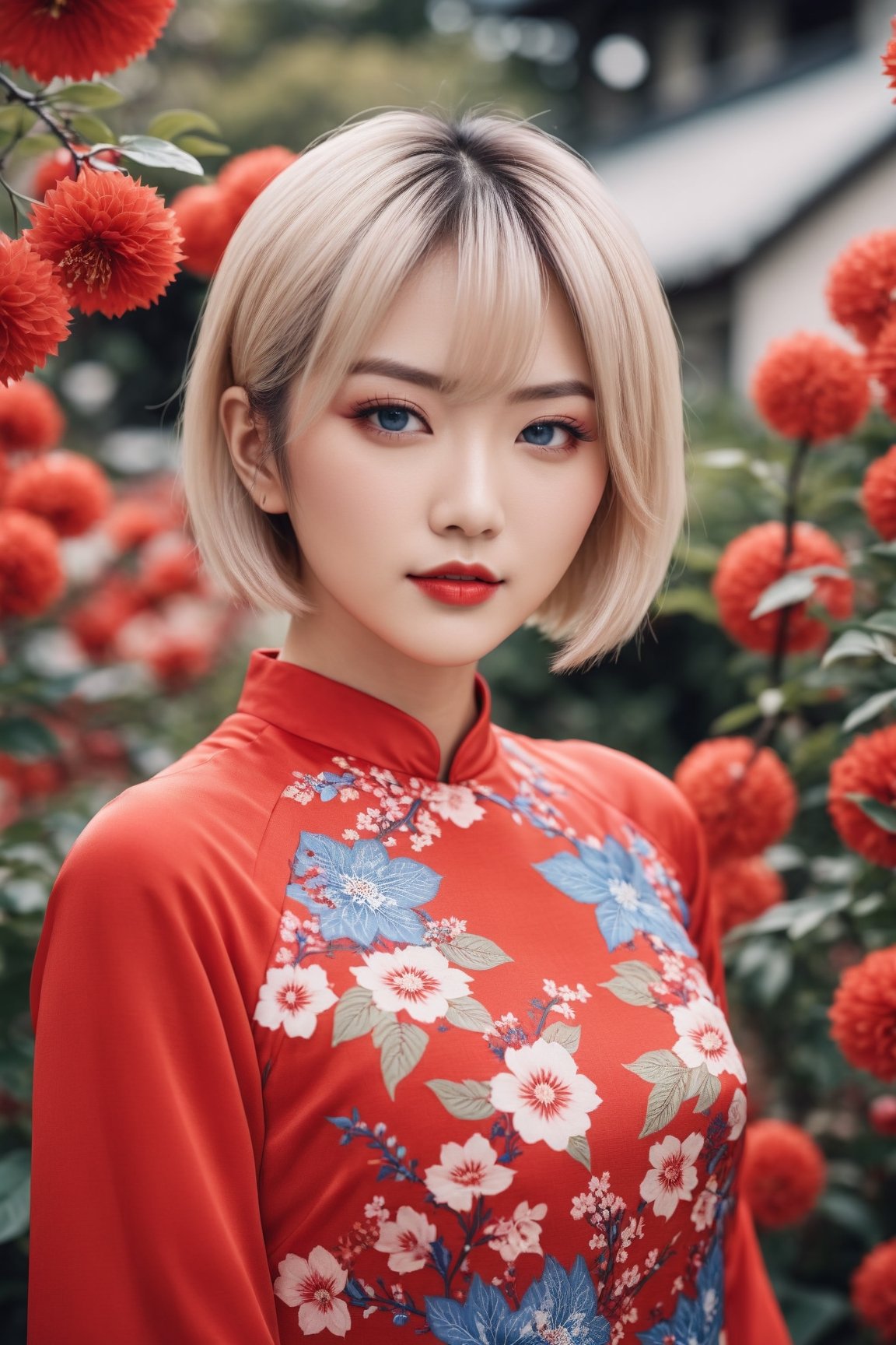 cinematic photo of Nasuki Yuuko young asian woman with short blonde hair, (blue eyes:1.4), wearing red aodaixl,surrounding is a garden. 35mm photograph, film, bokeh, professional, 4k, highly detailed, glossy lip,aodai,aodaixl