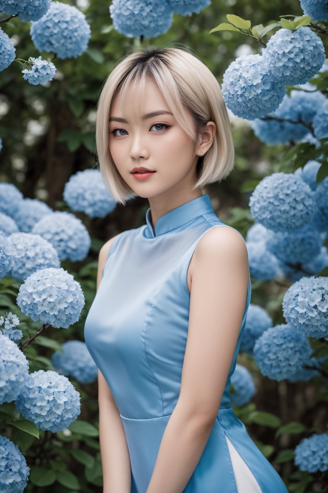 cinematic photo of Nasuki Yuuko young asian woman with short blonde hair, (blue eyes:1.4), wearing azure aodaixl,surrounding is a garden. 35mm photograph, film, bokeh, professional, 4k, highly detailed, glossy lip,aodai,aodaixl